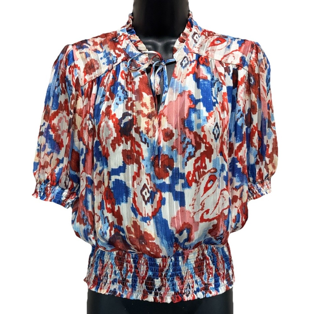 Rachel Zoe Red/Blue Watercolor Chiffon Short Sleeve Tie Neck Ruffle Blouse Sz Sm